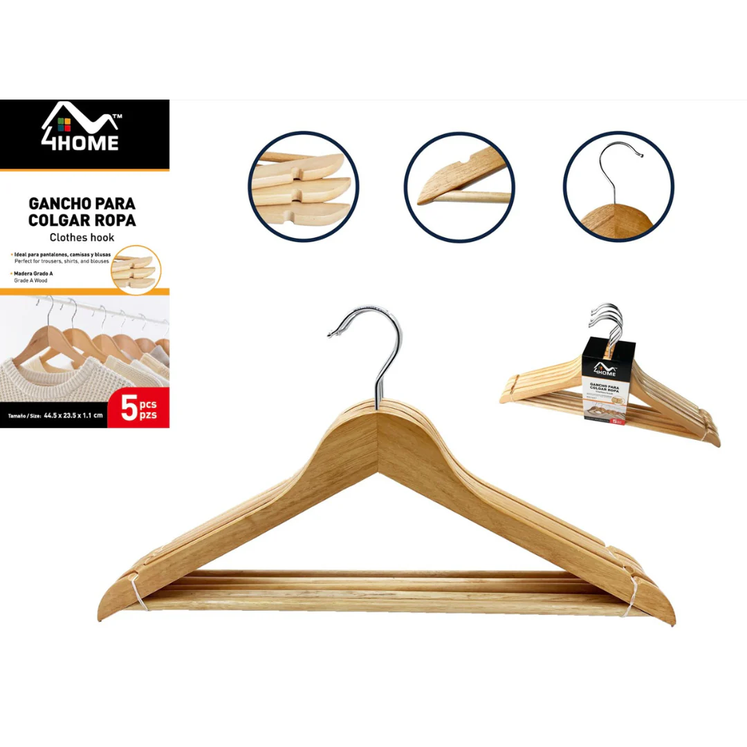 Set 5 Percha de Madera para Ropa con Barra Inferior 44x23x1.2cm Home A164-HM-W05 Gancho.