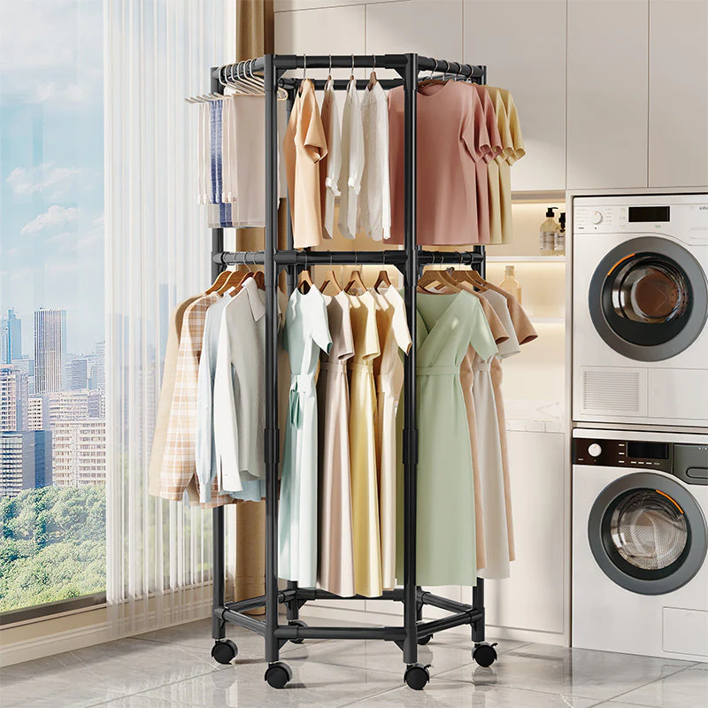 Perchero Tendedero de Ropa Multifuncional Moderno Negro con Rueditas 175x70x36cm FSK10947