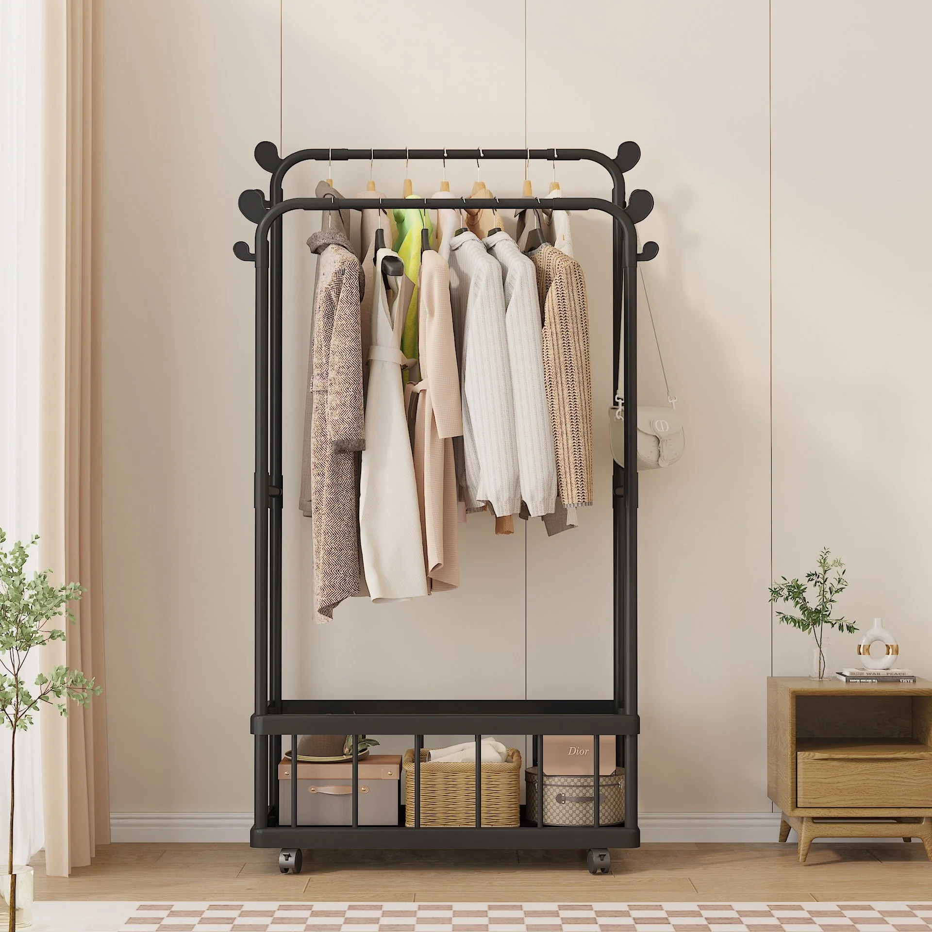 Perchero Tendedero de Ropa Multifuncional Moderno Negro con Rueditas 71x61x29.3cm FSK10945
