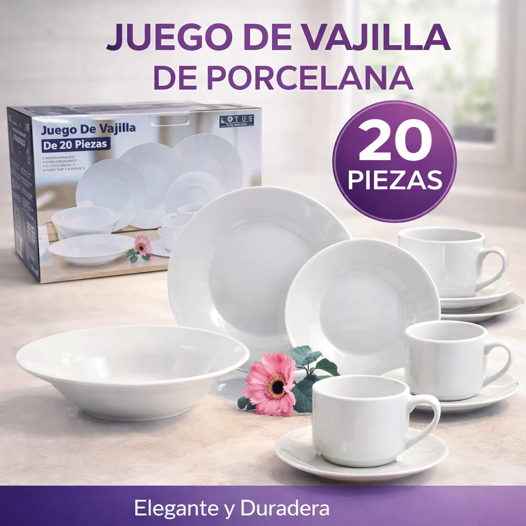 Set de 20 Vajillas de Porcelana Blanco Lotus 335-13W
