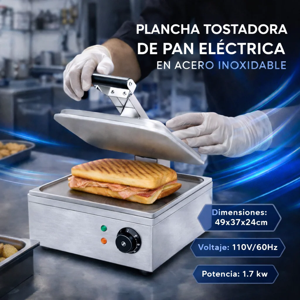Plancha Tostadora de Pan Eléctrica en Acero Inoxidable 110V/60Hz HT-01 Sandwichera.