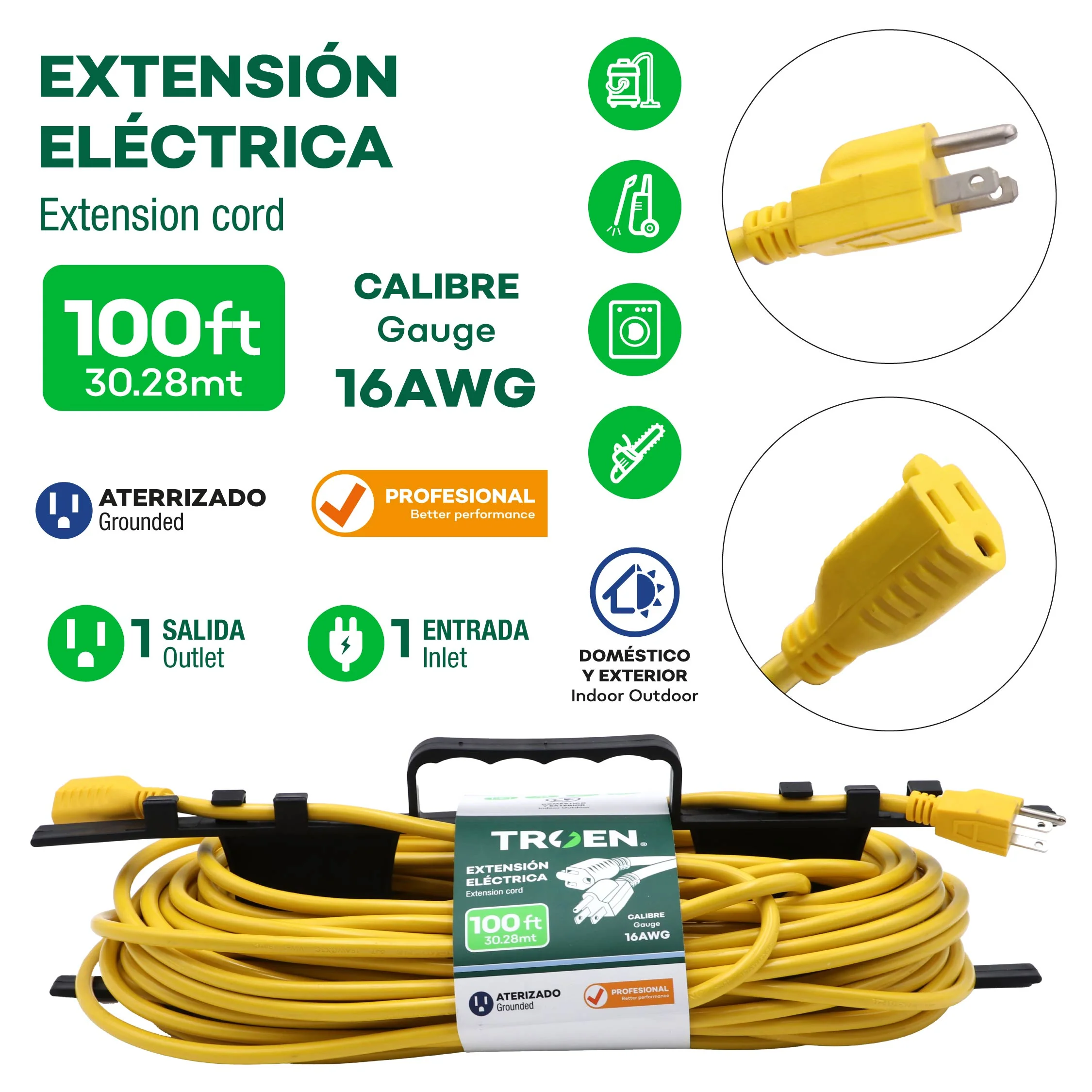 Extensión Eléctrica 30m/100pies TROEN E0701-100FT