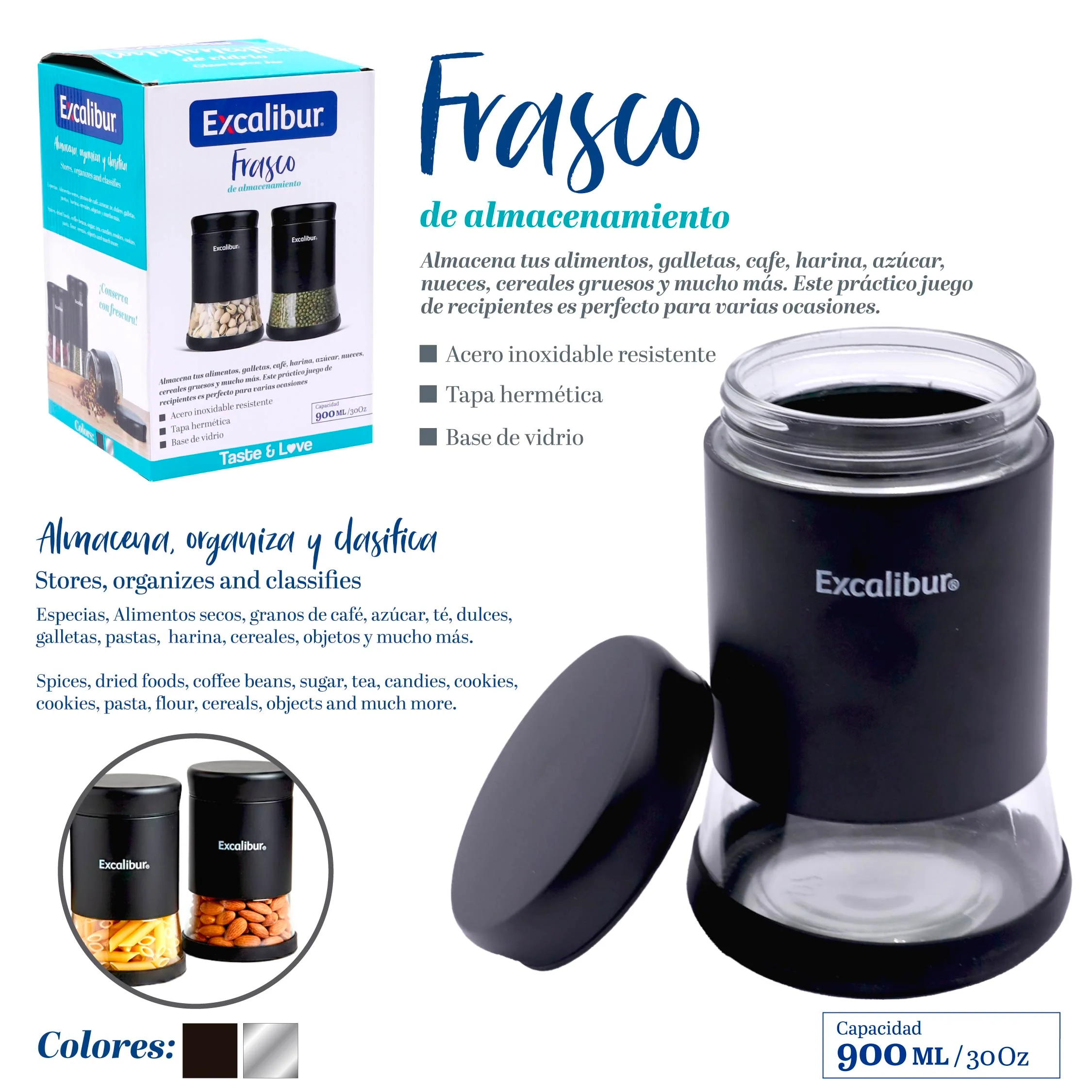 Frasco Envase Organizador para Almacenar Multiuso de Vidrio 900ml Excalibur A164-SG900C