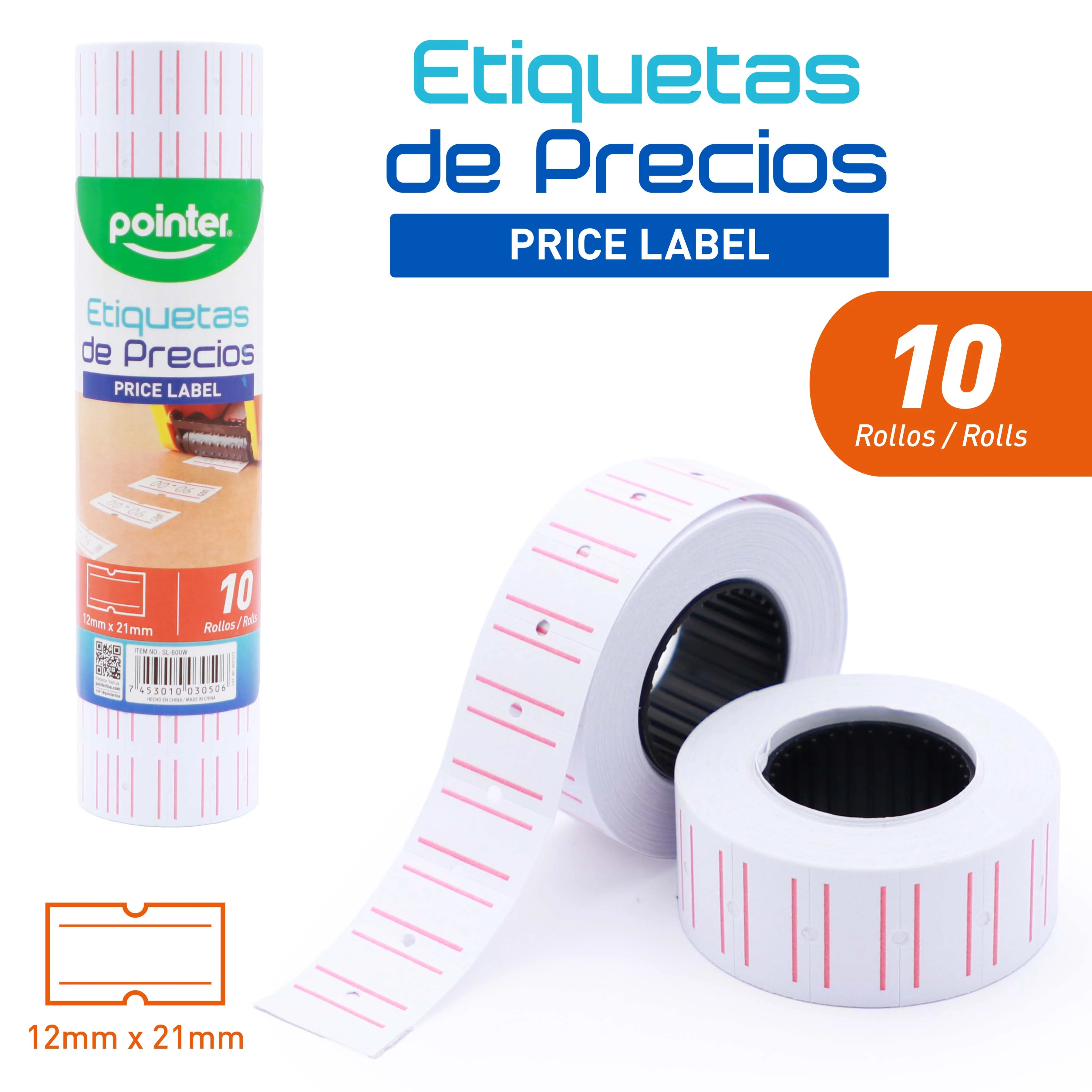 Rollo de 10 Etiquetas para Precios Blanco 21x12mm Pointer SL-600W Compatible con PLM-100