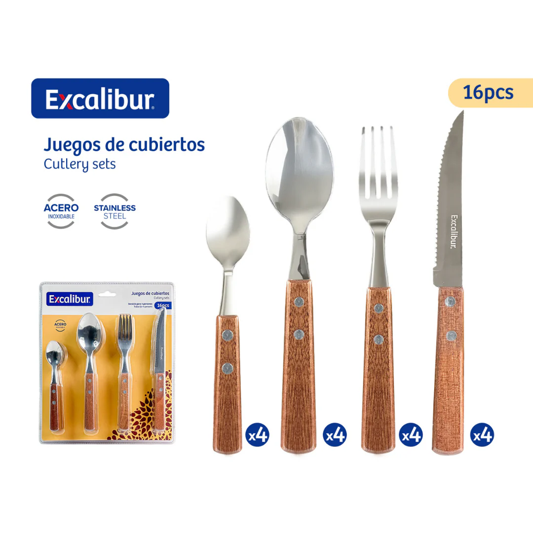 Set Juego de 16 Cubiertos de Acero Inoxidable Excalibur A151-WD2301-16B