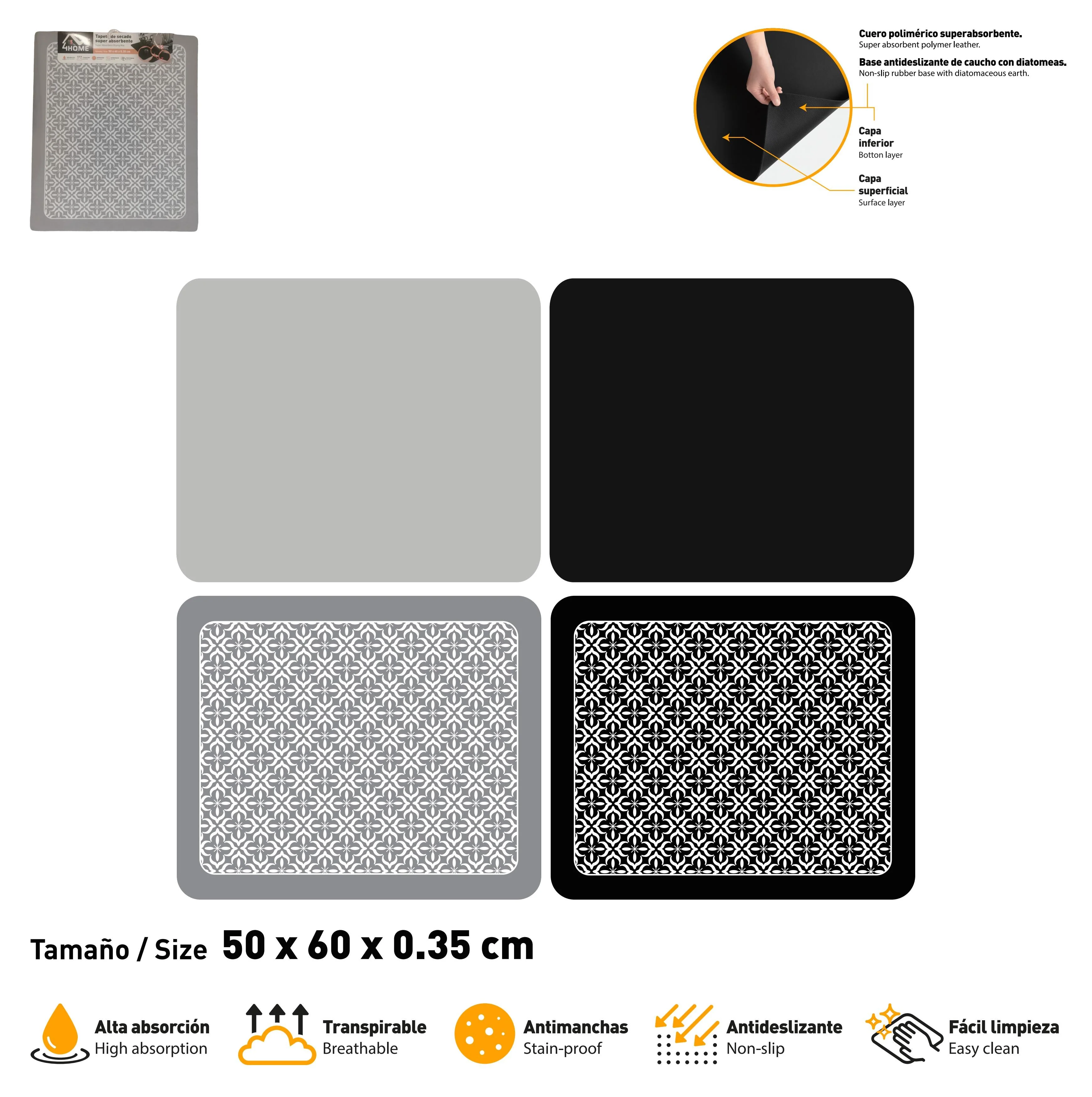 Tapete de Microfibra para Escurrir Secado Cocina 60x50cm 4Home HM-KMT5060