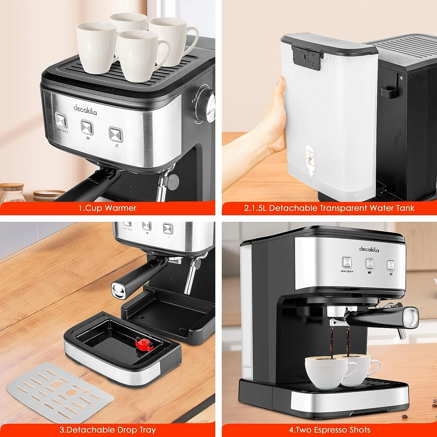 Máquina de Café Espresso 850W. 15Bar. 1.5 Litros Decakila KUCF009B - Image 4