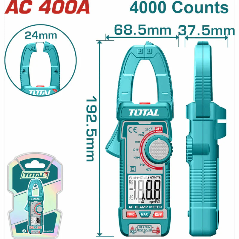 Medidor De Abrazadera Pinza Amperimétrica 4000 Cuentas. Con Retención De Datos. AC 400A. Resistencia 400Ω. Total TMT762001