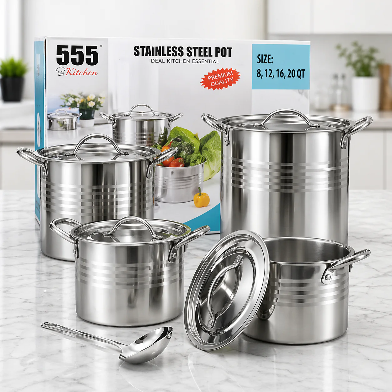 Juego de Ollas 4 Piezas 8QT/12QT/16QT/20QT + Cucharon Acero Inoxidable 555 MI-4002