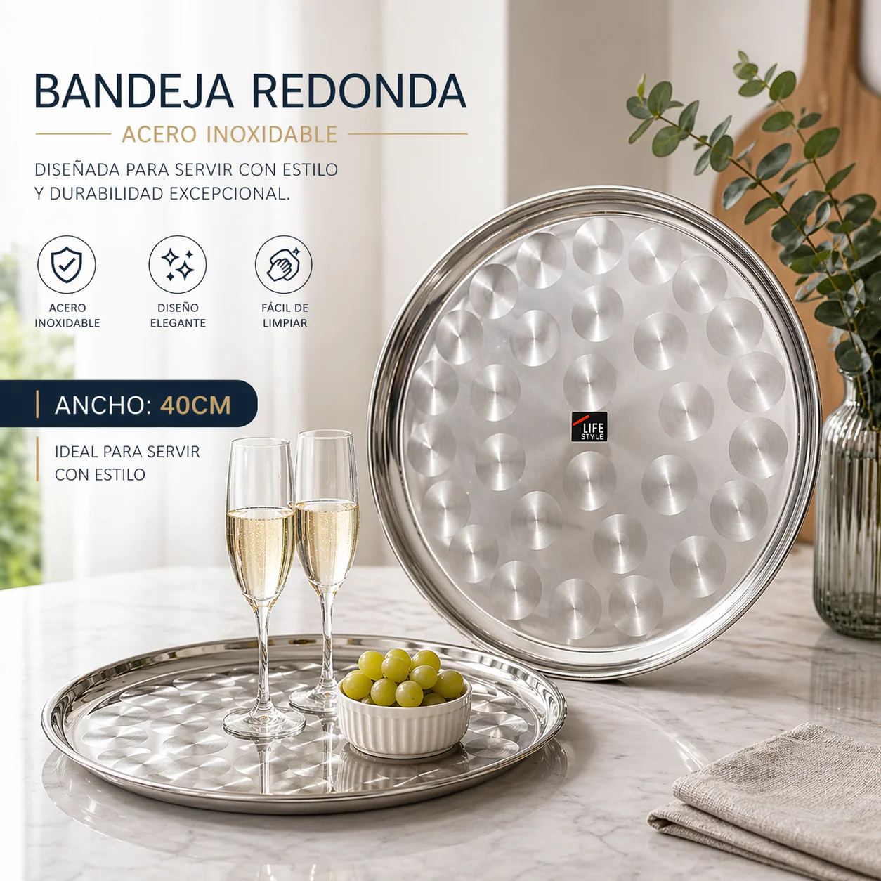 Bandeja Redonda de Acero Inoxidable 40cm 555 MI-4047 Circular.