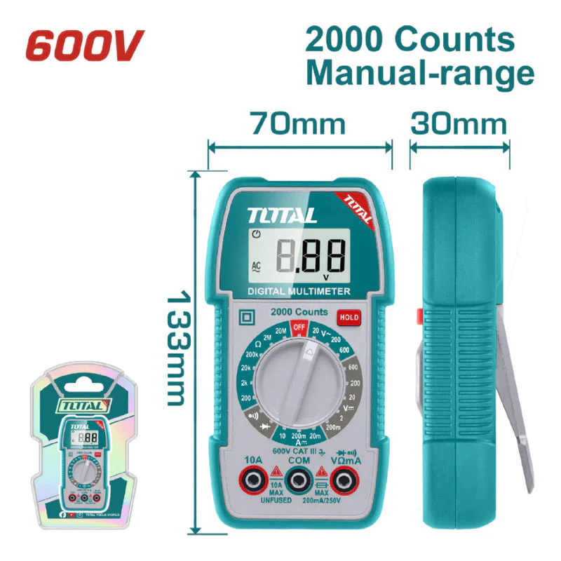 Multimetro Digital 2000 Counts RMS. Detección De Voltaje Sin Contacto. Rango Manual. Total TMT5360011
