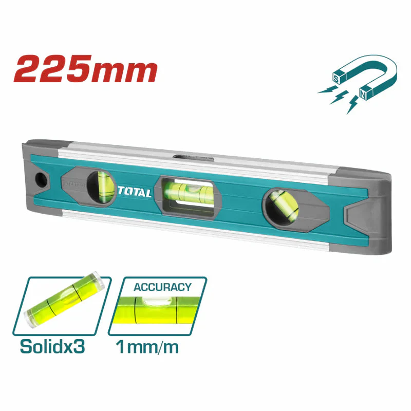 Nivel De Burbuja 225Mm Aluminio Y ABS. Con Iman. Alta Calidad Indestructible. Total TMT2235