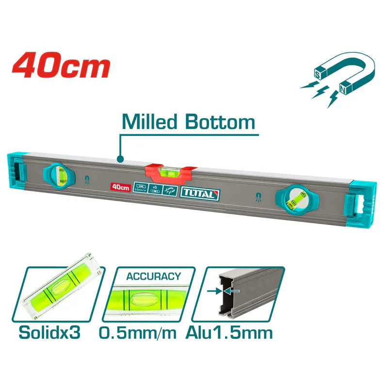 Nivel De Burbuja Magnetico De Doble Superficie Plana 40 Cm. Espesor Del Aluminio 1.5 Mm. Total TMT24028M
