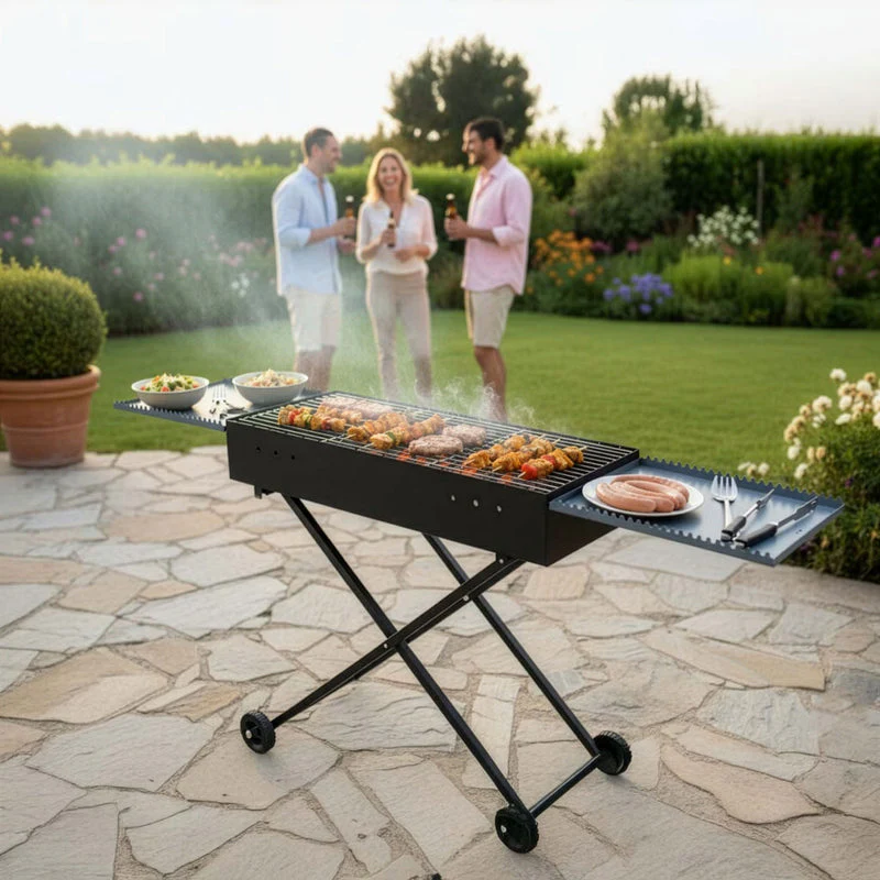 Parrilla De Carbón BBQ 30X80cm Portátil De Hierro Con Tapas Laterales Y Estantes. Asador A Carbon UN-A036