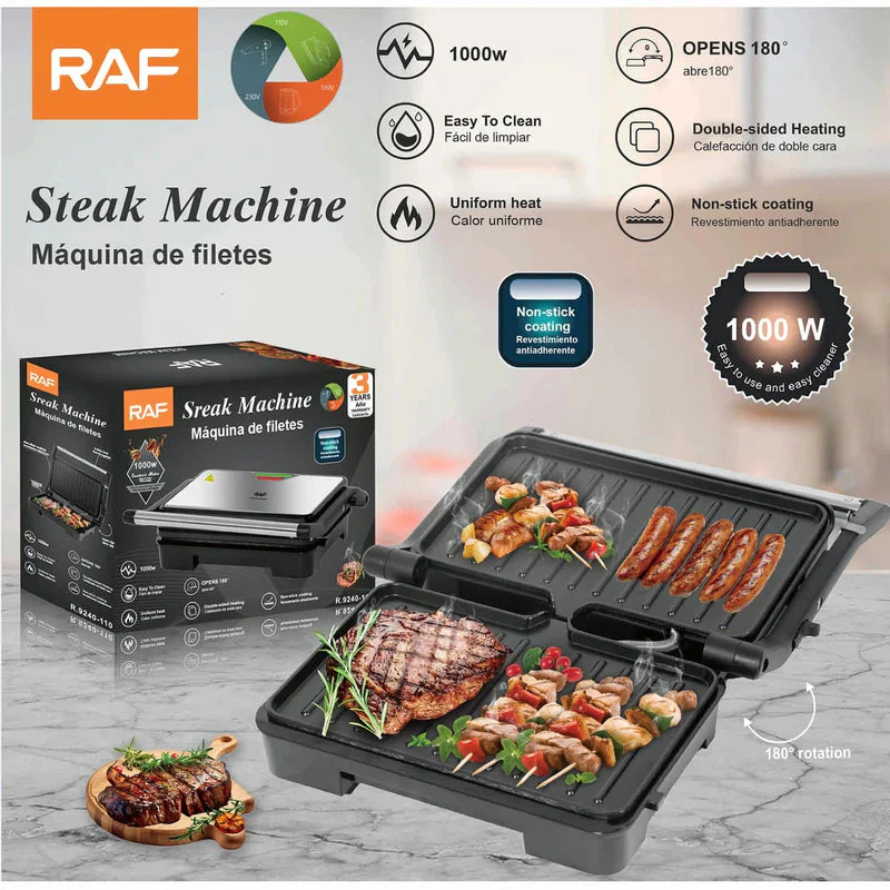 Parrilla Eléctrica 1000W Abre 180° Con Revestimiento Antiadherente Y Doble Calor 110V /60Hz. Asador De Carnes. R.9240-110
