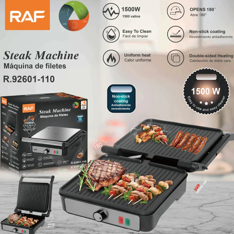 Parrilla Eléctrica 1500W 110V. Plancha Antiadherente De Doble Cara Que Abre 180°. Asador Ideal Para Carnes Y Filetes. R.92601-110