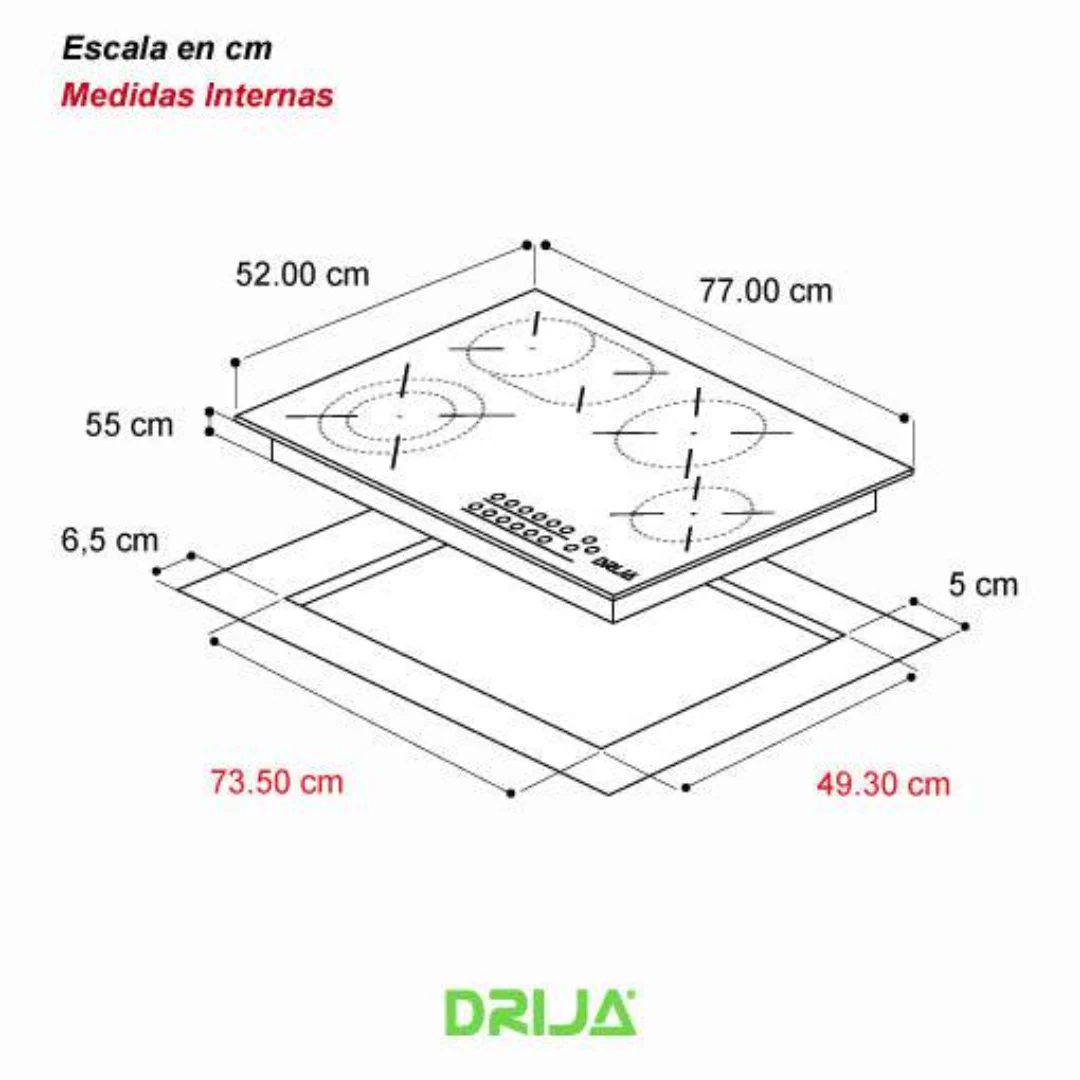 Estufa Empotrable de 4 Quemadores Vitrocerámica Negro BERLIN 76 ELÉCTRICO DRIJA - Image 2