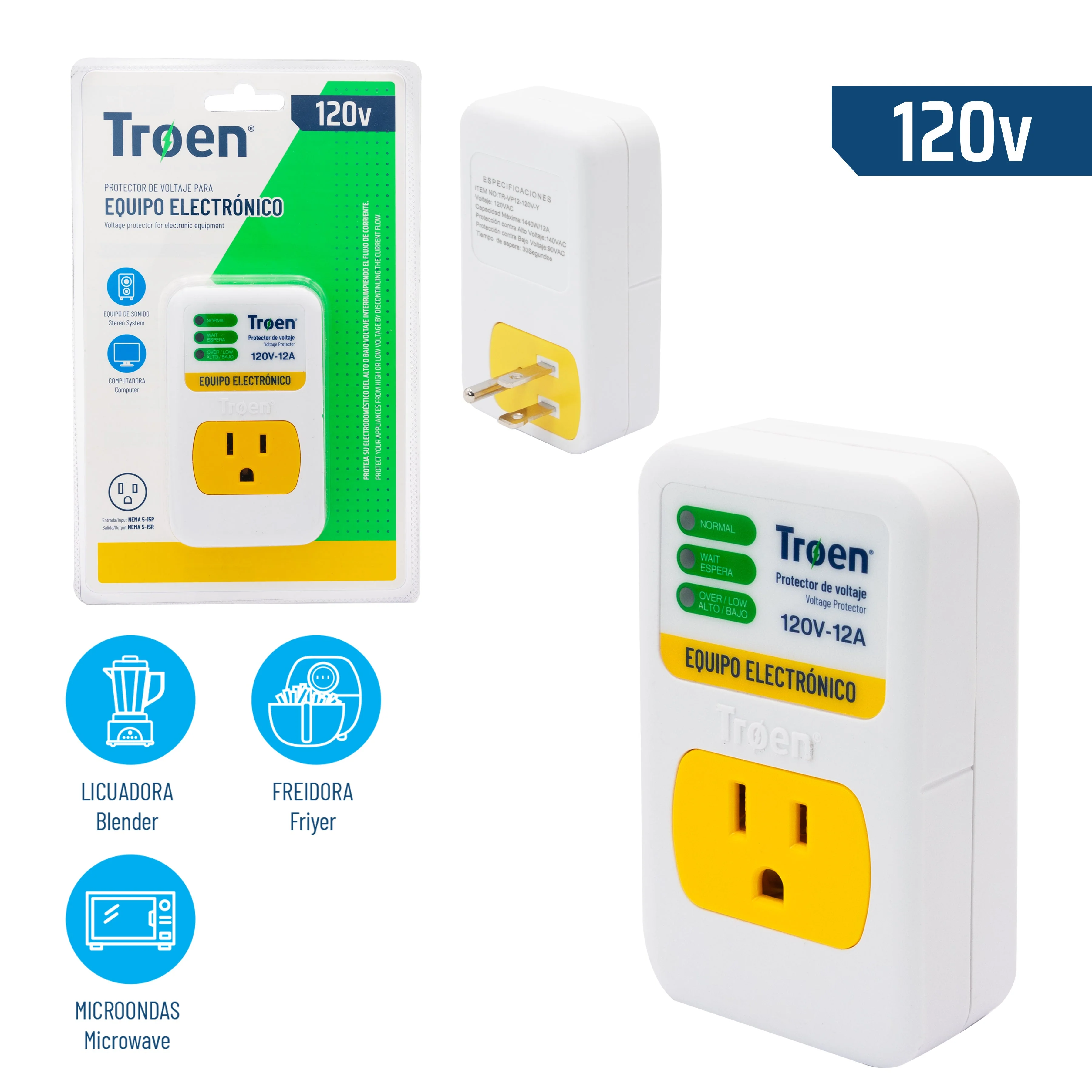 Protector de Voltaje 120V para Equipos Electrónico TROEN TR-VP12-120V-Y