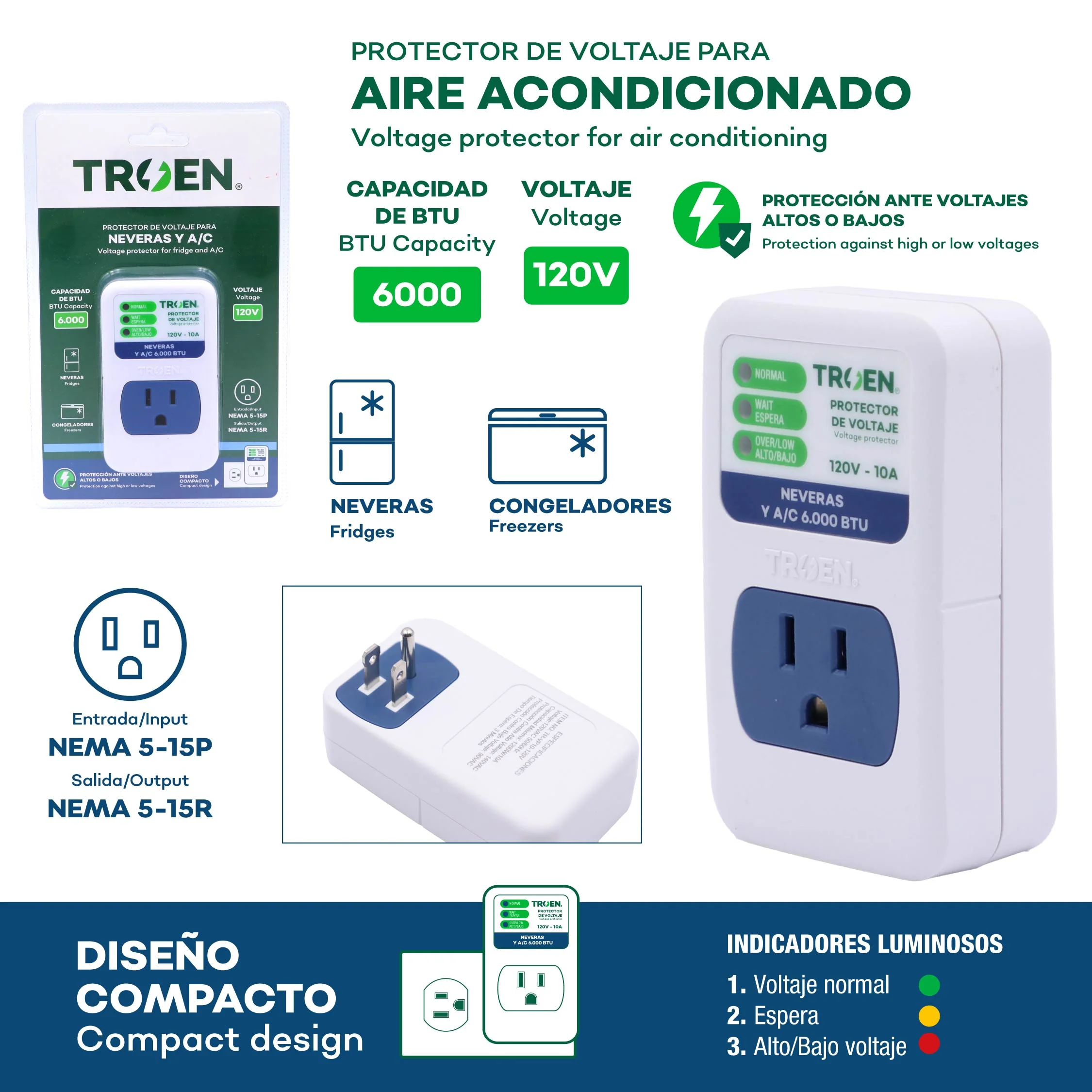 Protector de Voltaje 120V para Neveras y Aire Acondicionados 6K BTU TROEN TR-VP10-120V