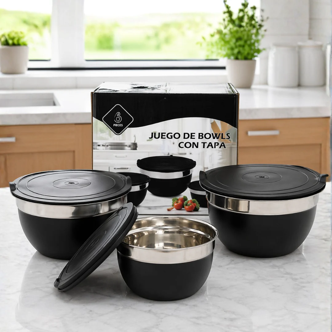 Juego de 3 Bowls Tazón de Acero Inoxidable con Tapa Negro PST307