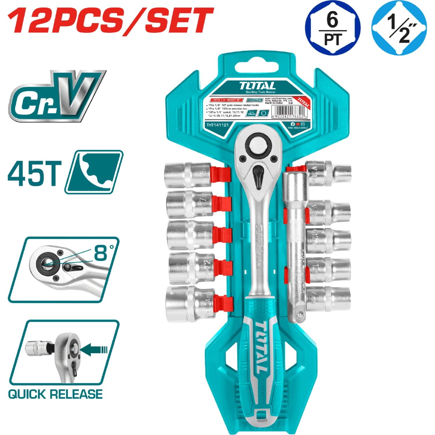 Rachet C/Socket 12PZA 1/2" 50BV30 Crv Medidas 10,11,12,13,14,15,17,19,21,24Mm 1Pcs 5" Ext Bar. THT141121