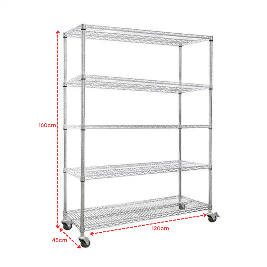 Rack Metálico Cromado de 5 Niveles 100kg con Ruedas & Frenos 160*120*45cm R160X120X45 - Image 3