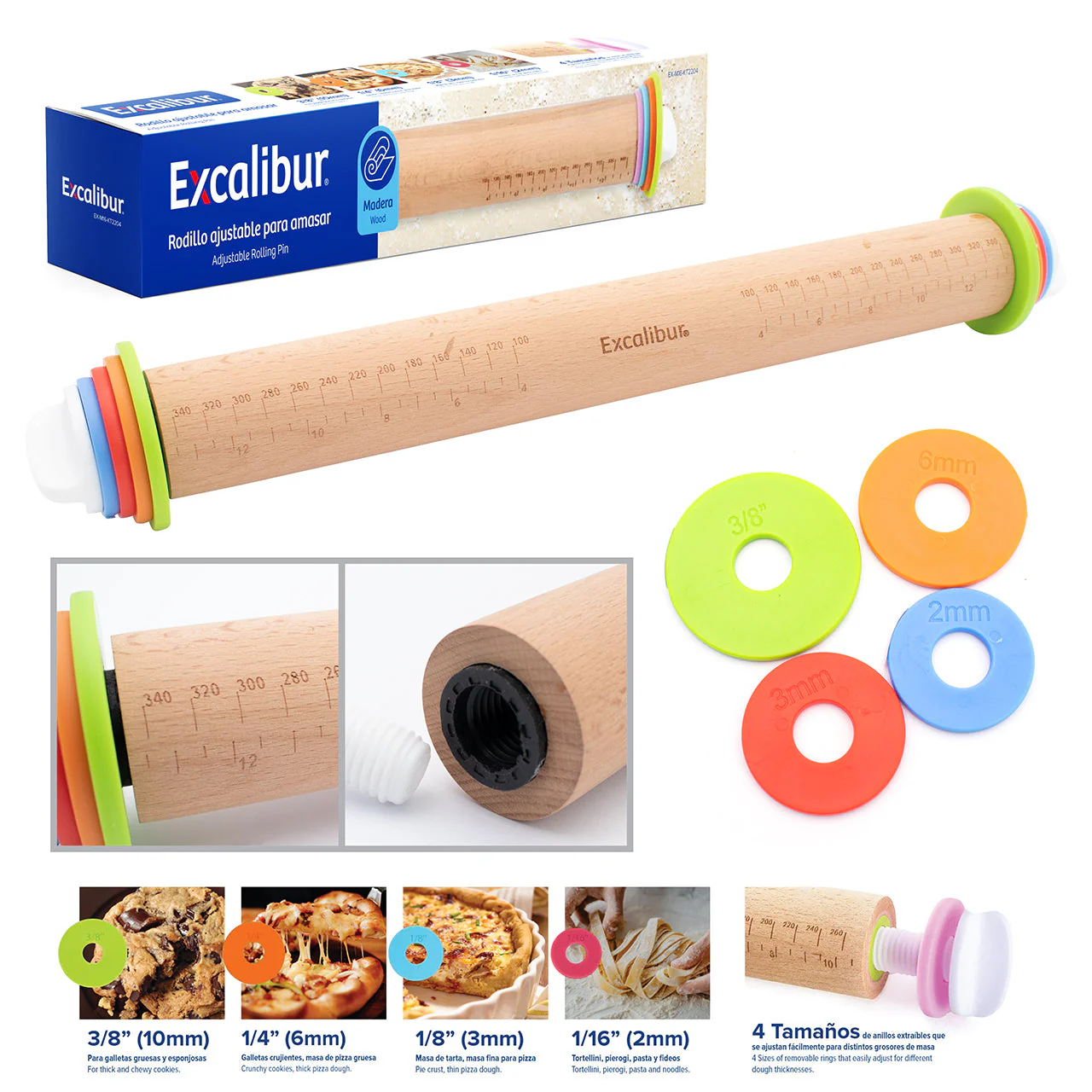 Rodillo de Madera Ajustable para Amasar Excalibur EX-M16-KT2204