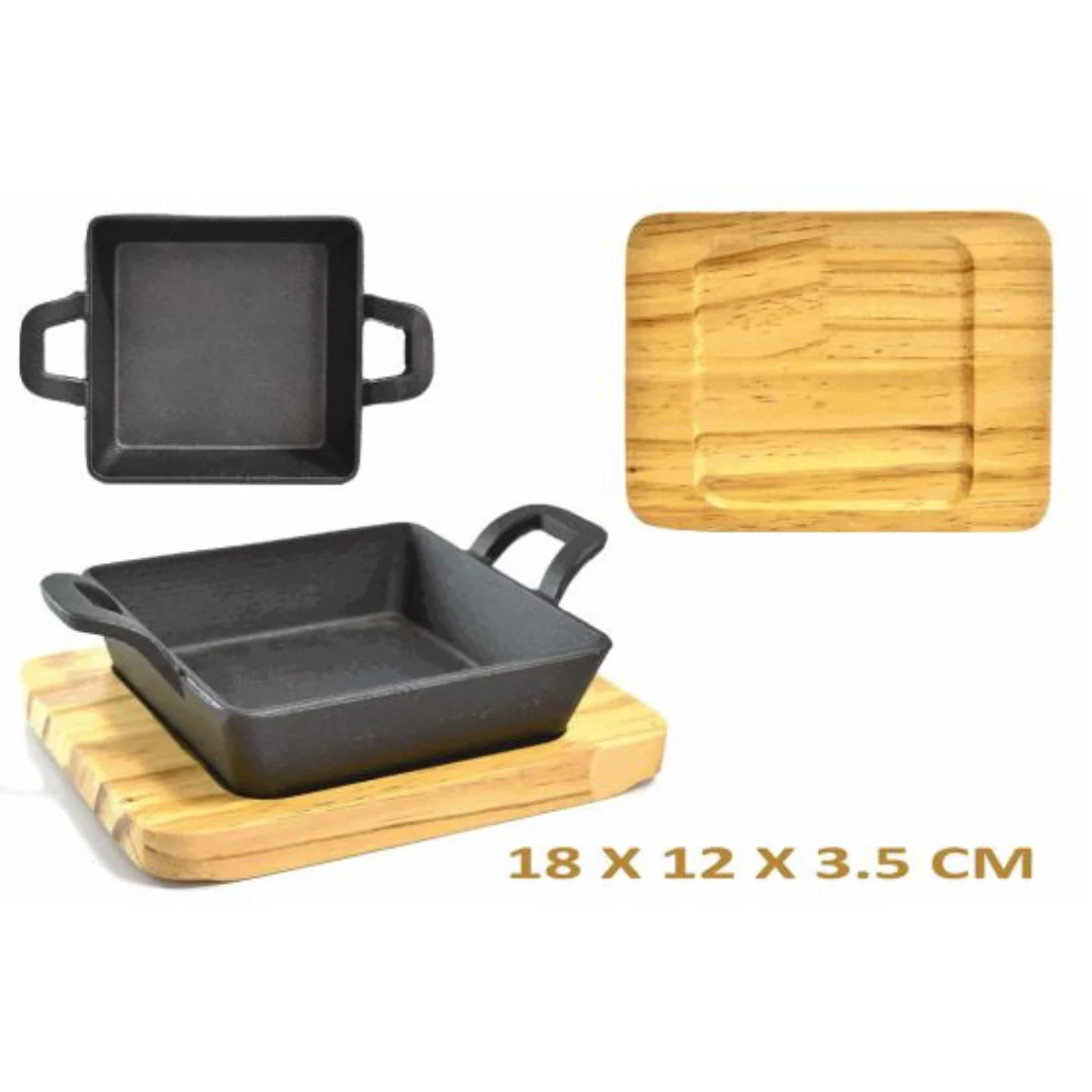 Mini Sartén de Hierro Fundido con Bandeja de Madera 18x12x3.5cm 86051 - Image 4