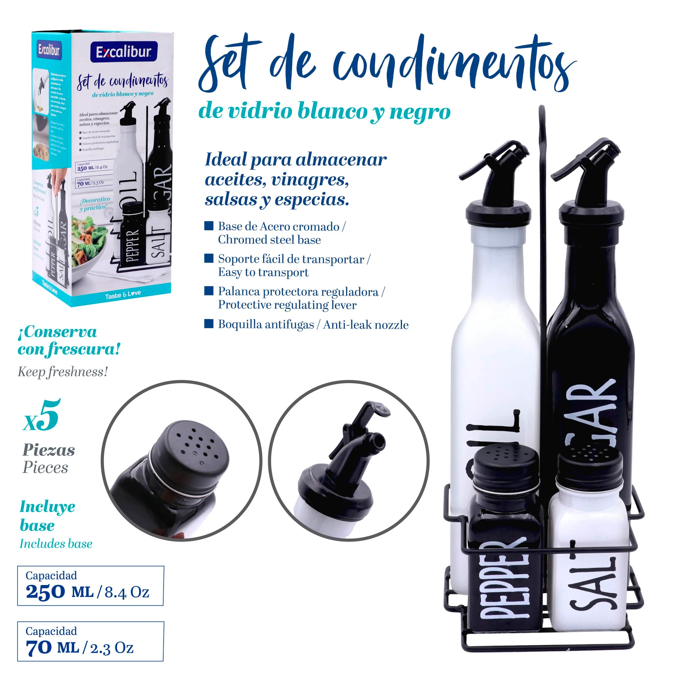 Set 2 Dispensador de Aceite o Vinagre con 2 Saleros Excalibur A164-OB25070-5