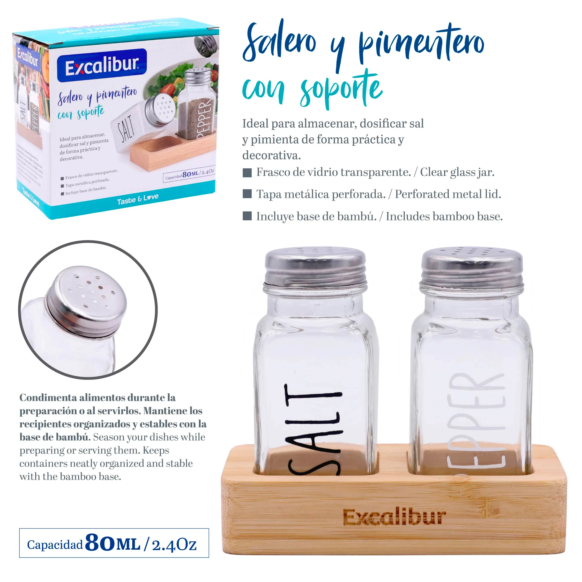 Set 2 Saleros de Vidrio con Base de Bambú 80ml x 2 Excalibur A164-SJ410-3