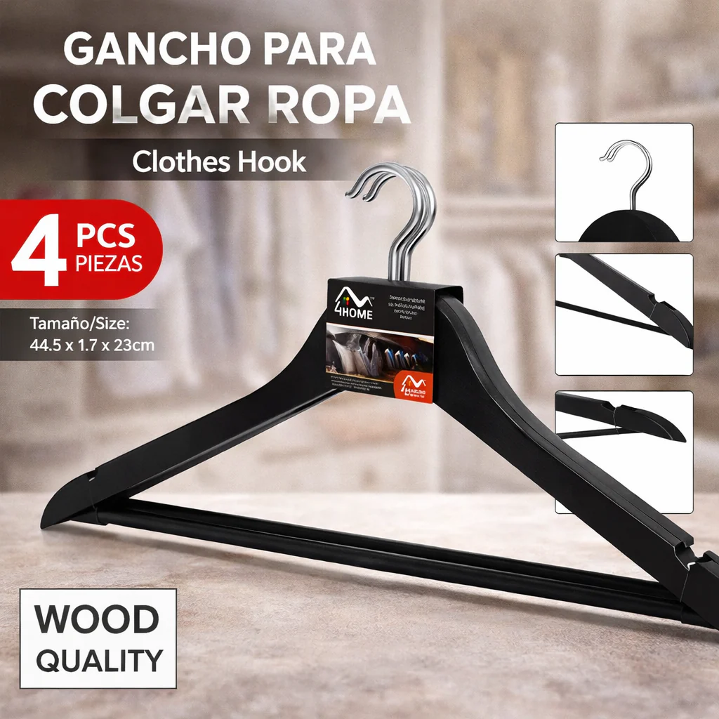 Set 4 Percha de Madera para Ropa con Barra Inferior 44.5x1.2x23cm Home M03-HM-W07 Gancho.