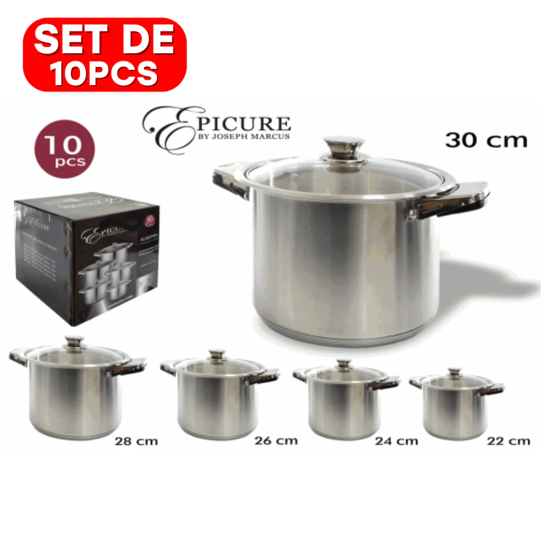 Set de 10 Piezas de Ollas en Acero Inoxidable con Tapas de Vidrio EP-A013GL-ST