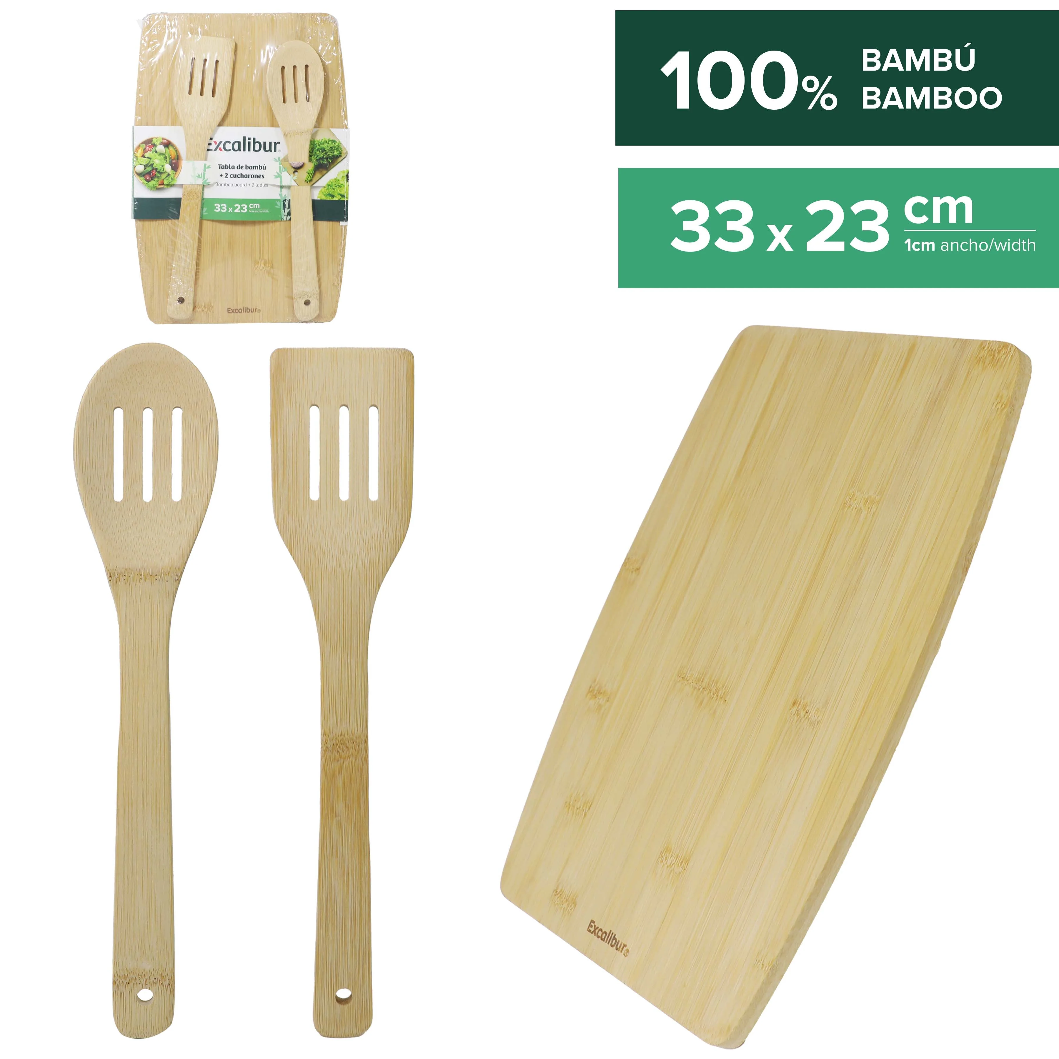Set Utensilios 3 Piezas de Bambú Cucharon + Tabla de Picar 33x23cm Excalibur EX-S01-BM3323-2T