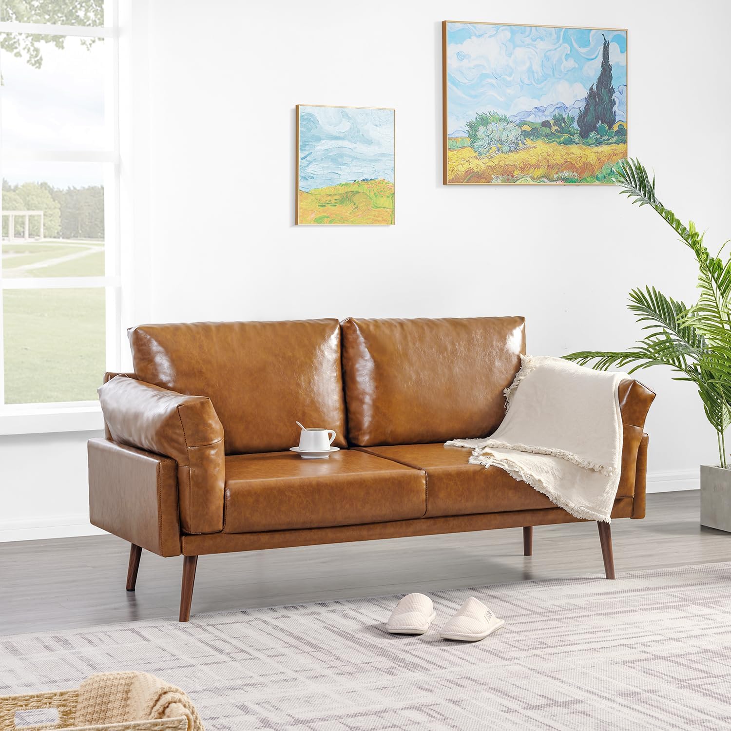 Sofá de Piel Sintética Moderno con Estructura de Madera Maciza Color Camel 3F-909C Vonanda - Image 3