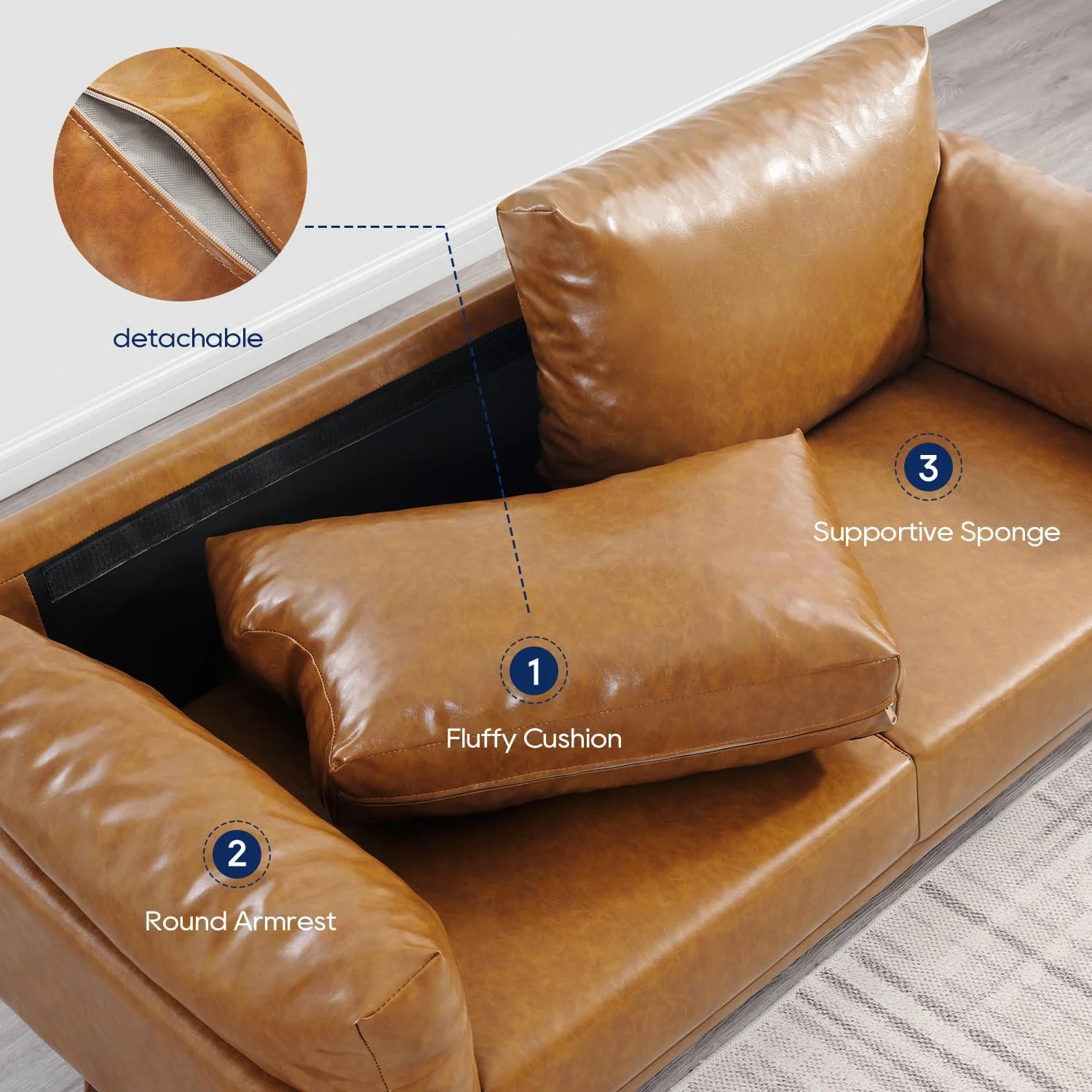 Sofá de Piel Sintética Moderno con Estructura de Madera Maciza Color Camel 3F-909C Vonanda - Image 8