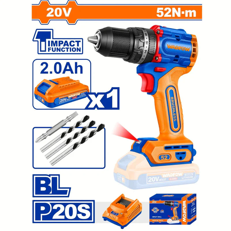 Taladro Drill Inalámbrico Función Impacto 52 NM 20V. 1/2″ 0–500 / 0–2000 Rpm Con Batería, Cargador Y Accesorios Wadfow UWCDP5282