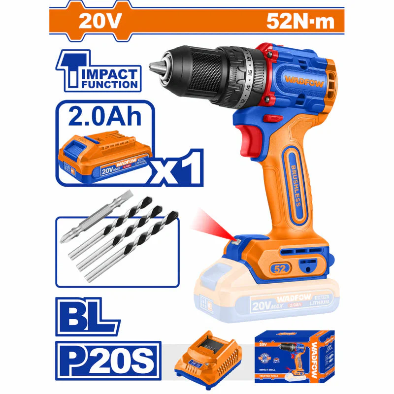 Taladro Drill Inalámbrico Función Impacto 52 NM 20V. 1/2″ 0–500 / 0–2000 Rpm Con Batería, Cargador Y Accesorios Wadfow UWCDP5282 - Image 2