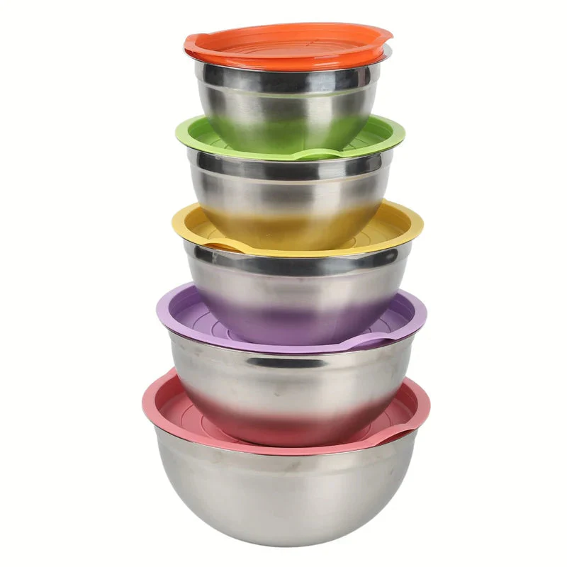 Tazones Bowl De Acero Inoxidable Con Tapa. Multifuncionales Colores Surtidos. (Set De 5Piezas) Tamaños 18-26Cm Bowl De Cocina. Base Antideslizante UN-A077 - Image 3
