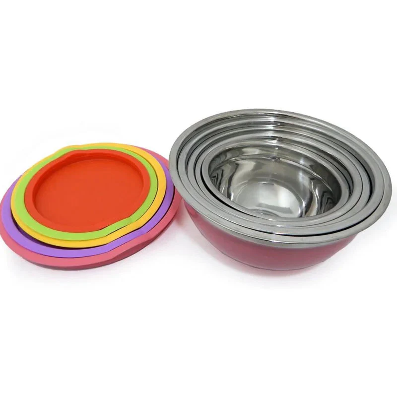 Tazones Bowl De Acero Inoxidable Con Tapa. Multifuncionales Colores Surtidos. (Set De 5Piezas) Tamaños 18-26Cm Bowl De Cocina. Base Antideslizante UN-A077 - Image 4