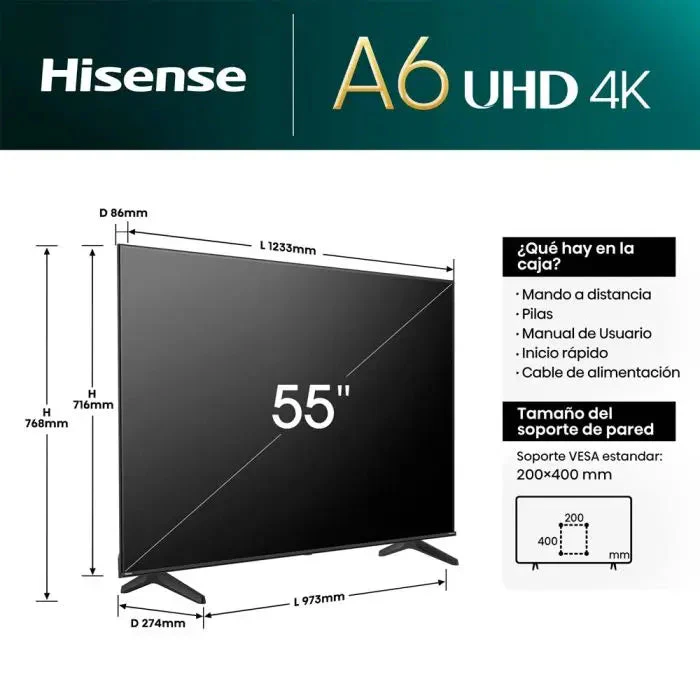 Televisor 55" LED Smart TV UHD 4K VIDAA Serie A6N Hisense 55A6NV Televisión. - Image 7