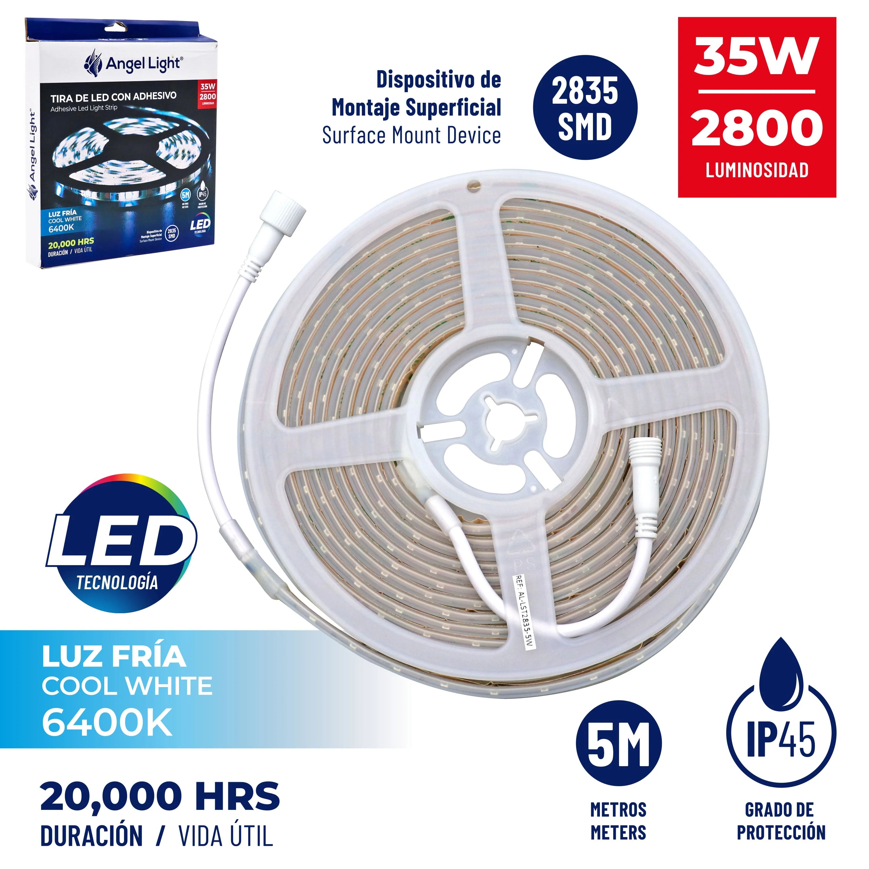 Tira de Luces LED Luz Fría con Adhesivo 35W 5mt de Distancia Angel Light AL-LST2835-5W