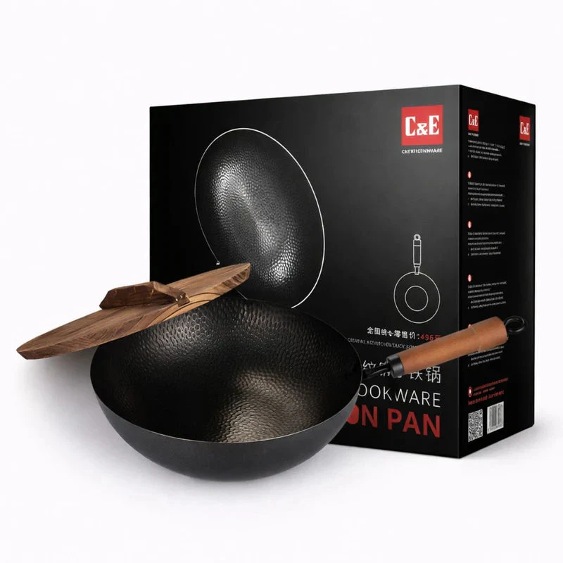 Wok De Hierro Con Mango De Madera De Haya Carbonizada 32 Cm (12.5”) Espesor 1.6 Mm. Sartén Tipo Wok Para Cocina